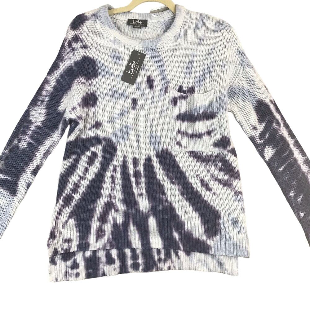 Belledini Womens Small Hi Low Sweater Navy Blue Haze Tie Dye Pocket Knit NWT